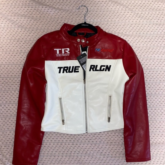 True Religion Jackets & Blazers - True Religion Women's Red and White Racing Leather Jacket